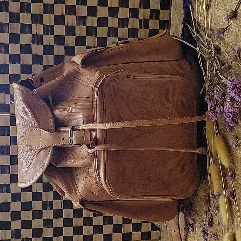 Vintage Hand Tooled Leather Backpack & Wallet